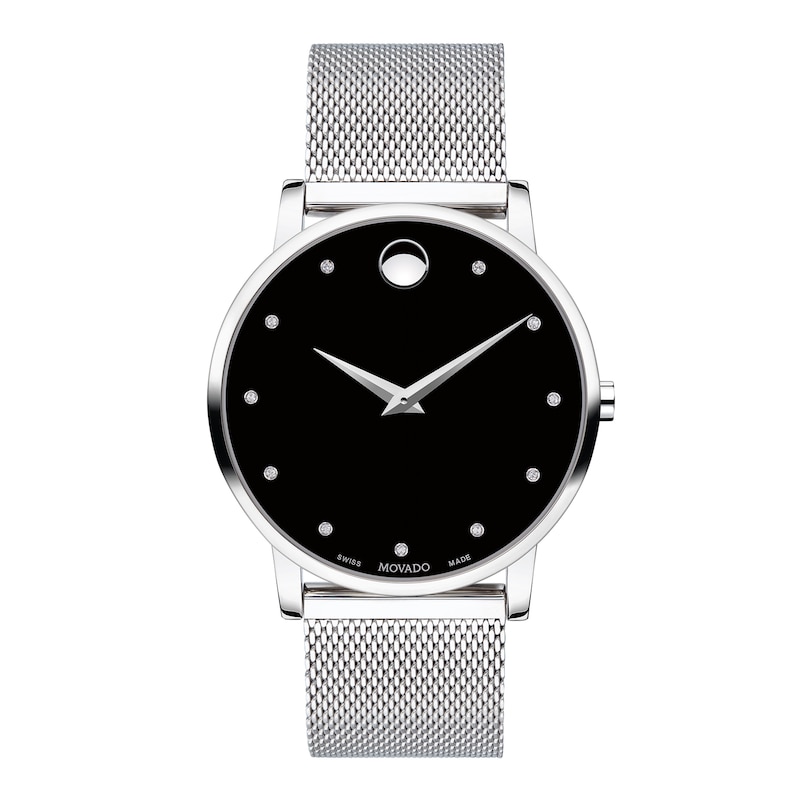 Main Image 1 of Men's Movado Museum® Classic Diamond Accent Silver-Tone Mesh Watch with Black Dial (Model: 607511)