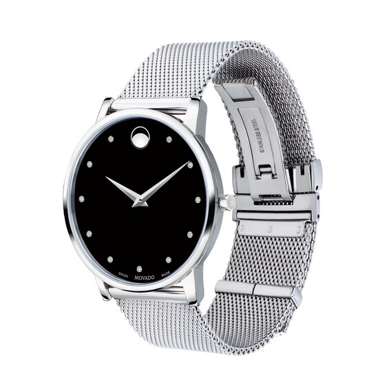 Men's Movado MuseumÂ® Classic Diamond Accent Silver-Tone Mesh Watch with Black Dial (Model: 607511)