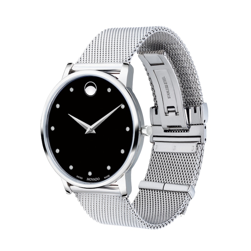 Main Image 2 of Men's Movado Museum® Classic Diamond Accent Silver-Tone Mesh Watch with Black Dial (Model: 607511)