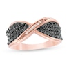 Thumbnail Image 1 of 1/2 CT. T.W. Enhanced Black and White Diamond Bow Tie Crossover Ring in Sterling Silver with 14K Rose Gold Plate