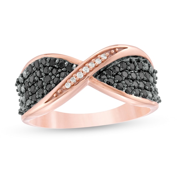 1/2 CT. T.w. Enhanced Black and White Diamond Bow Tie Crossover Ring in Sterling Silver with 14K Rose Gold Plate