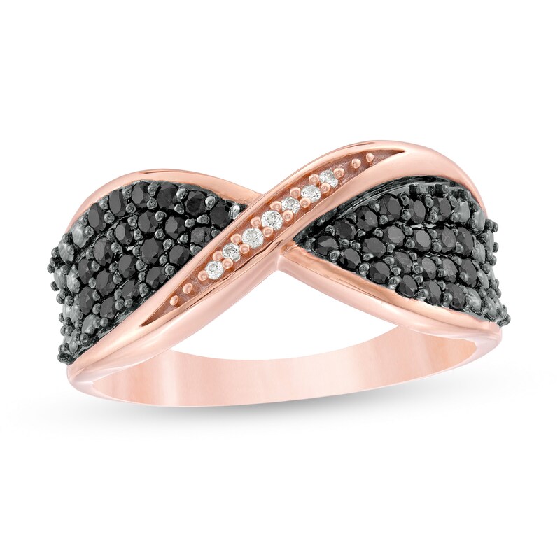 Main Image 1 of 1/2 CT. T.W. Enhanced Black and White Diamond Bow Tie Crossover Ring in Sterling Silver with 14K Rose Gold Plate