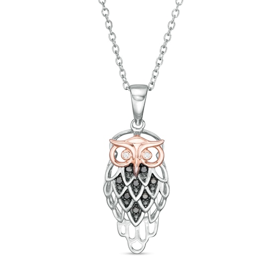1/10 CT. T.w. Enhanced Black and White Diamond Owl Pendant in Sterling Silver with 14K Rose Gold Plate