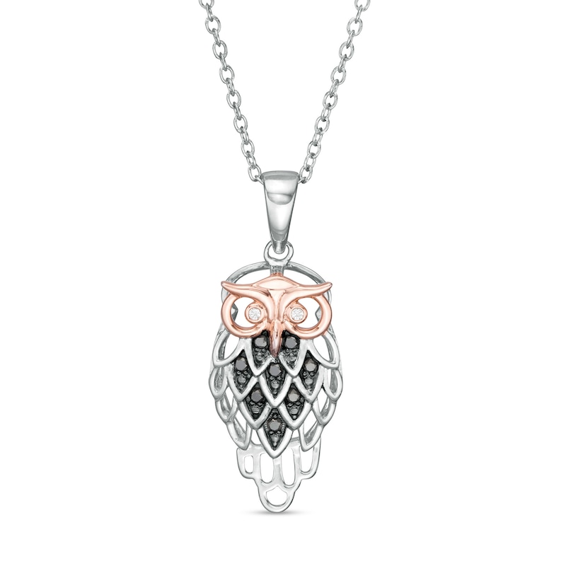 1/10 CT. T.W. Enhanced Black and White Diamond Owl Pendant in Sterling Silver with 14K Rose Gold Plate