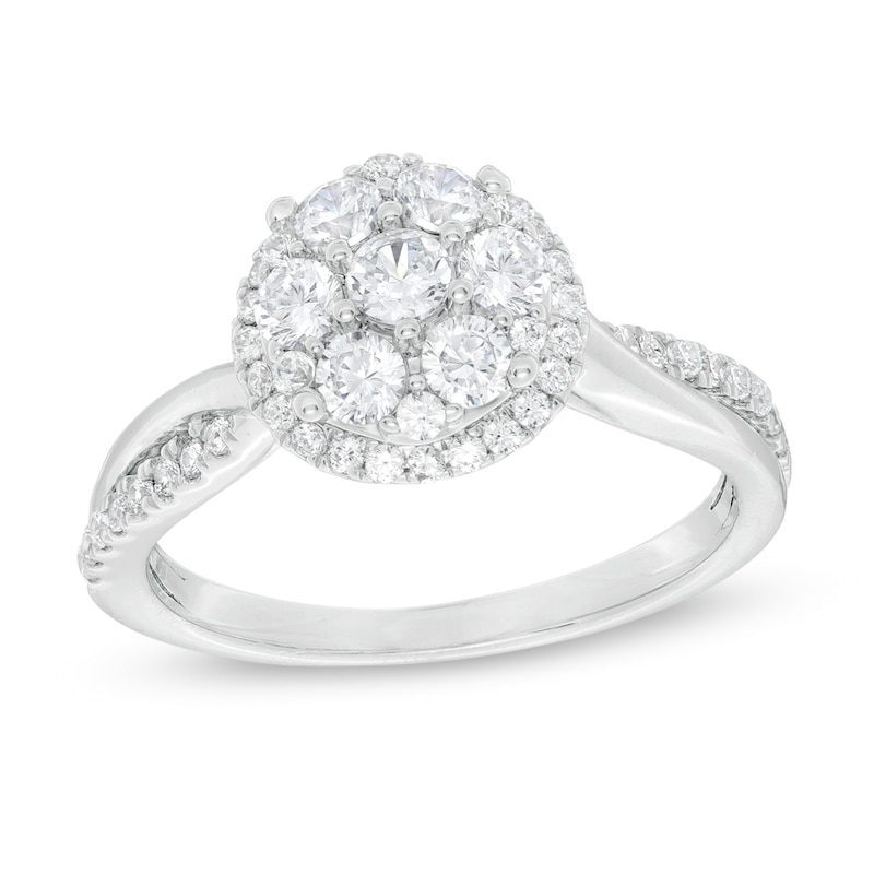 Main Image 1 of 7/8 CT. T.W. Composite Diamond Frame Crossover Shank Engagement Ring in 14K White Gold
