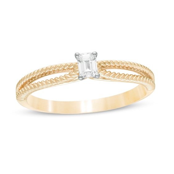 1/5 CT. Emerald-Cut Diamond Solitaire Rope Split Shank Promise Ring in 14K Gold
