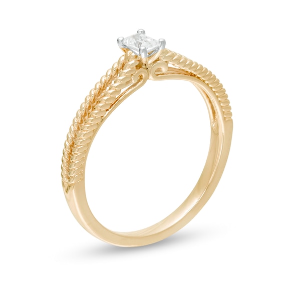 1/5 CT. Emerald-Cut Diamond Solitaire Rope Split Shank Promise Ring in 14K Gold