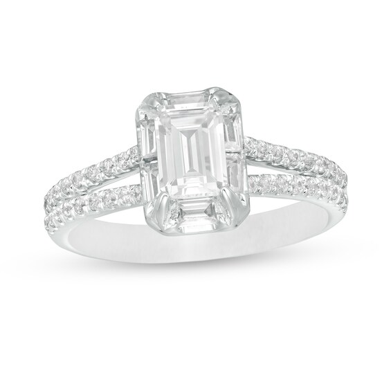 1-1/5 CT. T.w. Emerald-Cut, Baguette-Cut and Round Diamond Split Shank Engagement Ring in 14K White Gold