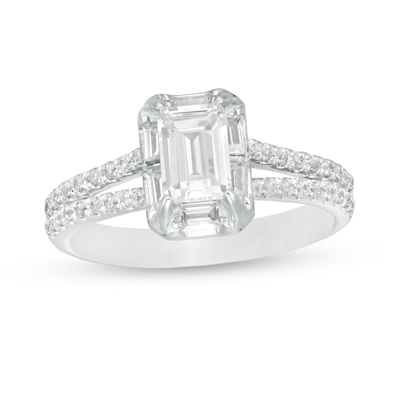 Main Image 1 of 1-1/5 CT. T.W. Emerald-Cut, Baguette-Cut and Round Diamond Split Shank Engagement Ring in 14K White Gold