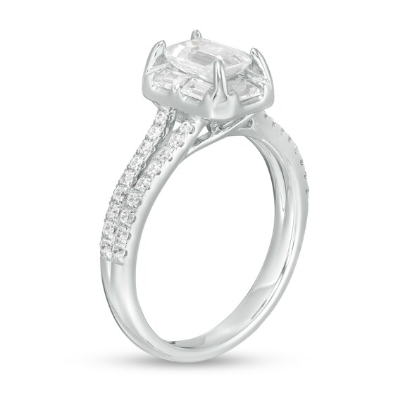 1-1/5 CT. T.w. Emerald-Cut, Baguette-Cut and Round Diamond Split Shank Engagement Ring in 14K White Gold