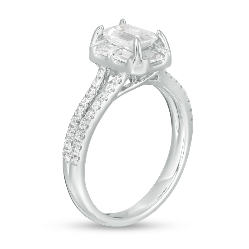 Main Image 3 of 1-1/5 CT. T.W. Emerald-Cut, Baguette-Cut and Round Diamond Split Shank Engagement Ring in 14K White Gold