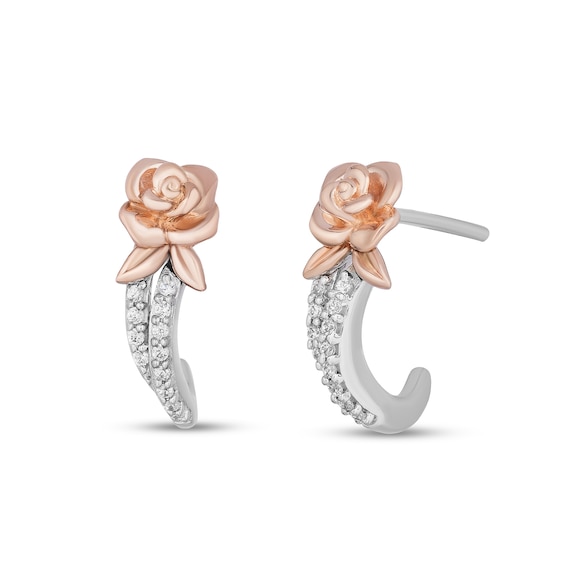 Enchanted Disney Belle 1/10 CT. T.w. Diamond Rose J-Hoop Earrings in Sterling Silver and 10K Rose Gold