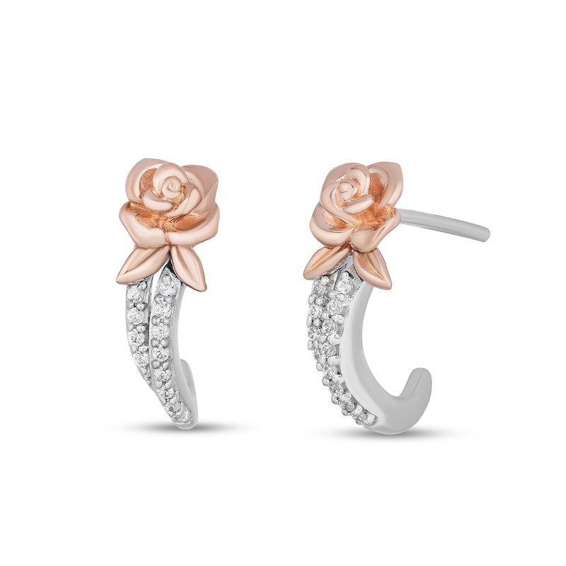 Main Image 1 of Enchanted Disney Belle 1/10 CT. T.W. Diamond Rose J-Hoop Earrings in Sterling Silver and 10K Rose Gold