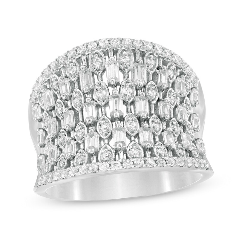 3/4 CT. T.W. Baguette and Round Diamond Multi-Row Concave Dome Ring in 10K White Gold