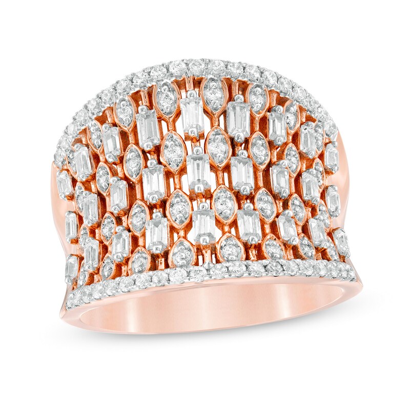3/4 CT. T.W. Baguette and Round Diamond Multi-Row Concave Dome Ring in 10K Rose Gold