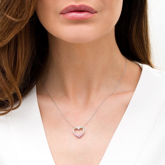 Simulated Light Multi-Color Sapphire Heart Outline Pendant in Sterling Silver