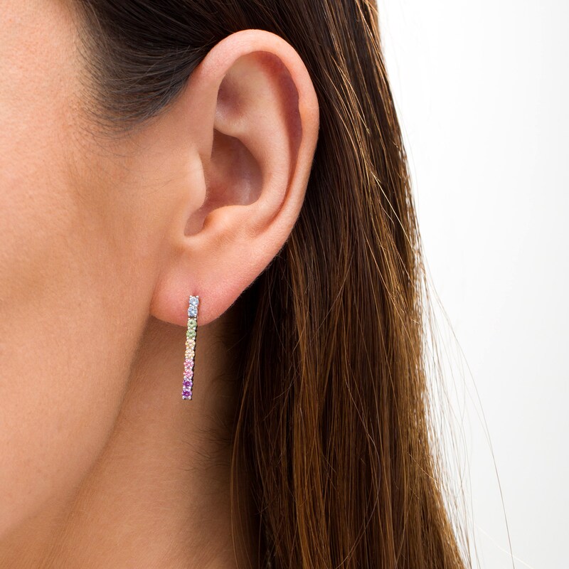 Main Image 2 of Simulated Light Multi-Color Sapphire Duos Linear Bar Drop Earrings in Sterling Silver