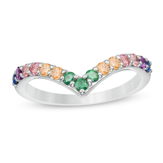 Simulated Multi-Color Sapphire Chevron Ring in Sterling Silver