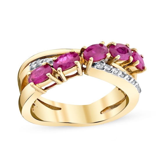 Oval Ruby and 1/10 CT. T.w. Diamond Five Stone Slant Triple Row Split Shank Crossover Ring in 14K Gold - Size 7