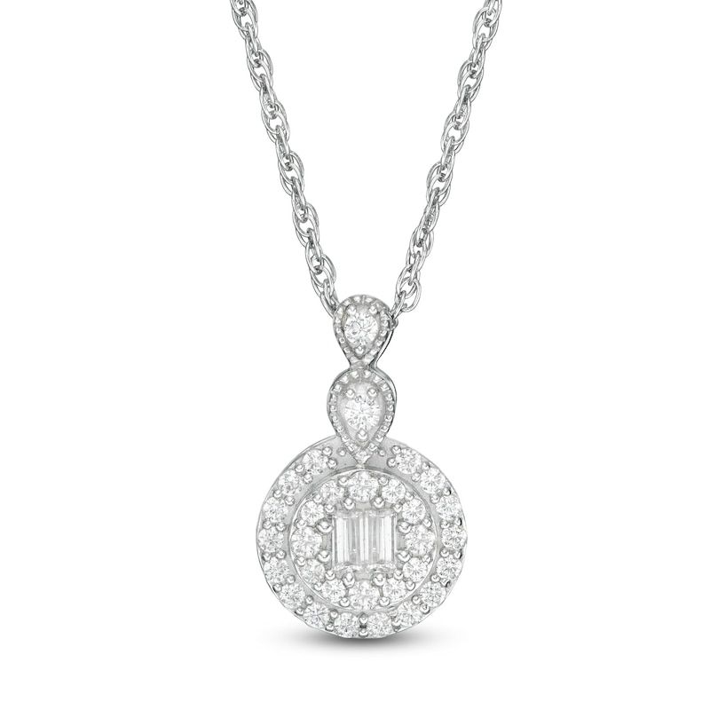 Main Image 1 of 1/5 CT. T.W. Baguette Composite Diamond Frame Vintage-Style Pendant in 10K White Gold