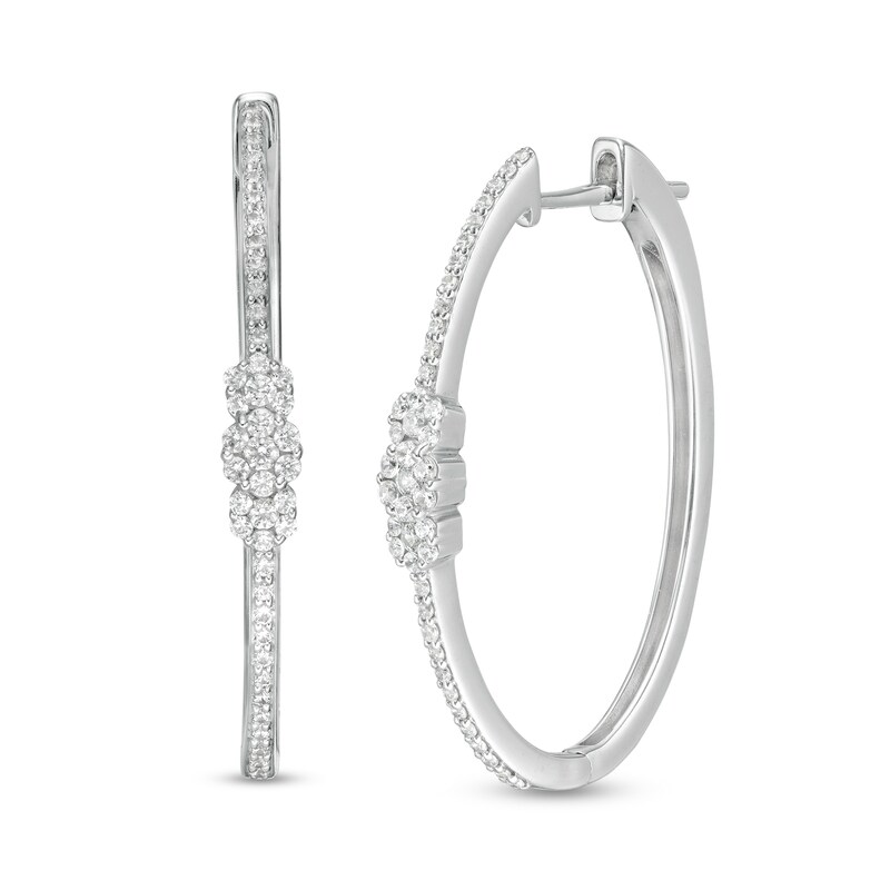 Main Image 1 of 5/8 CT. T.W. Composite Diamond Three Stone Hoop Earrings in 10K White Gold