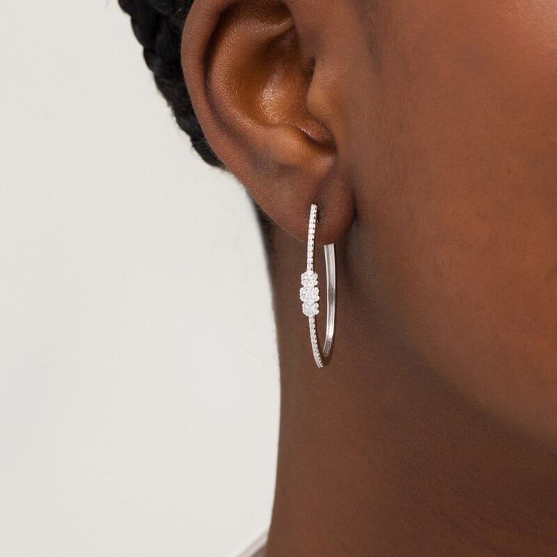 Main Image 2 of 5/8 CT. T.W. Composite Diamond Three Stone Hoop Earrings in 10K White Gold