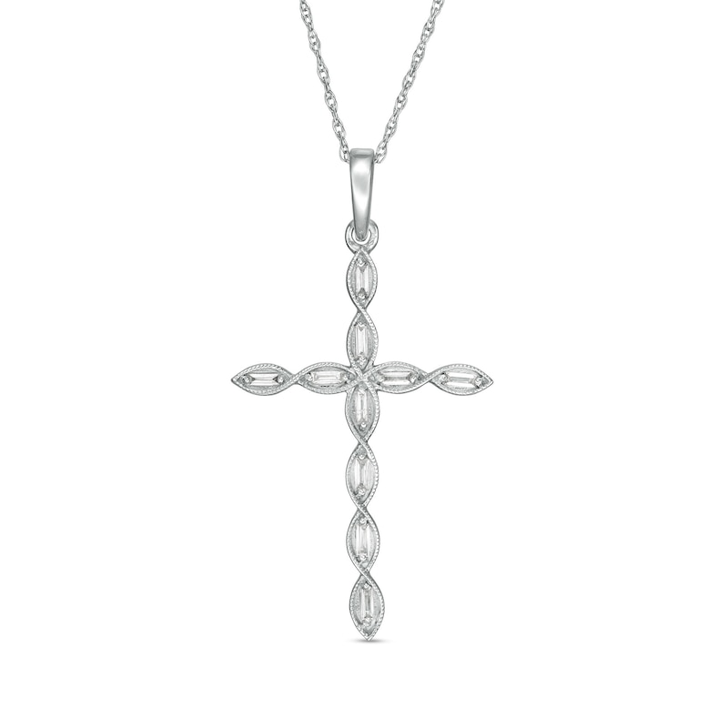Main Image 1 of 1/10 CT. T.W. Baguette Diamond Vintage-Style Cross Pendant in 10K White Gold