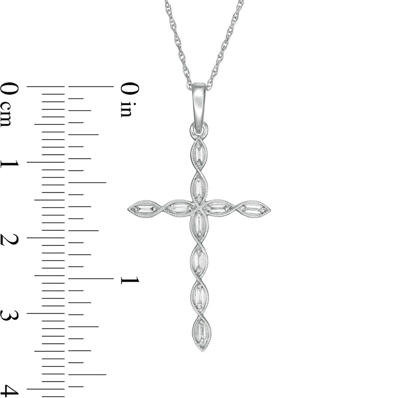 Main Image 3 of 1/10 CT. T.W. Baguette Diamond Vintage-Style Cross Pendant in 10K White Gold