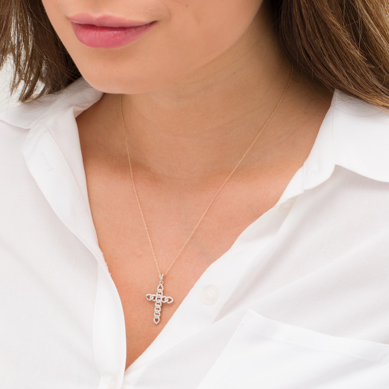 Main Image 2 of 1/4 CT. T.W. Diamond Curb Chain Cross Pendant in 10K Gold