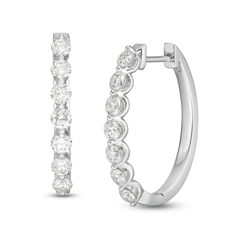 Main Image 1 of 1-1/2 CT. T.W. Diamond Frame Seven Stone Hoop Earrings in 10K White Gold