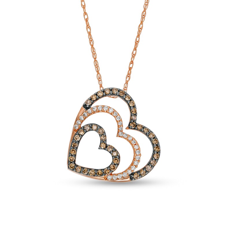 Main Image 1 of 1/4 CT. T.W. Champagne and White Diamond Tilted Hearts Pendant in 10K Rose Gold