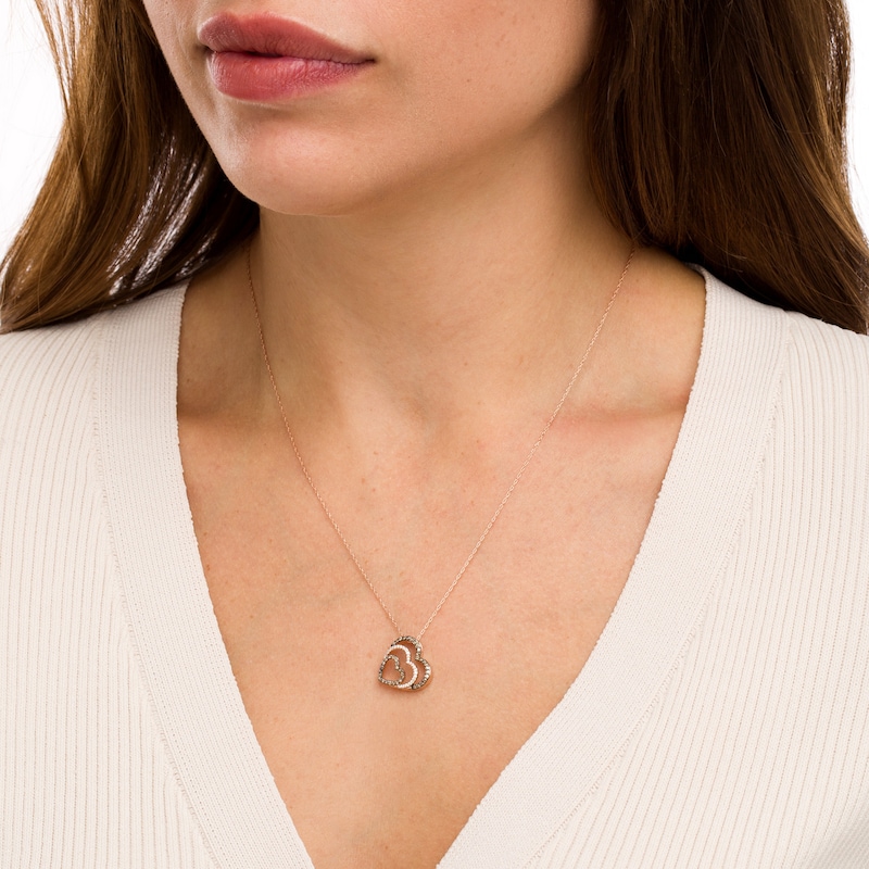 Main Image 2 of 1/4 CT. T.W. Champagne and White Diamond Tilted Hearts Pendant in 10K Rose Gold