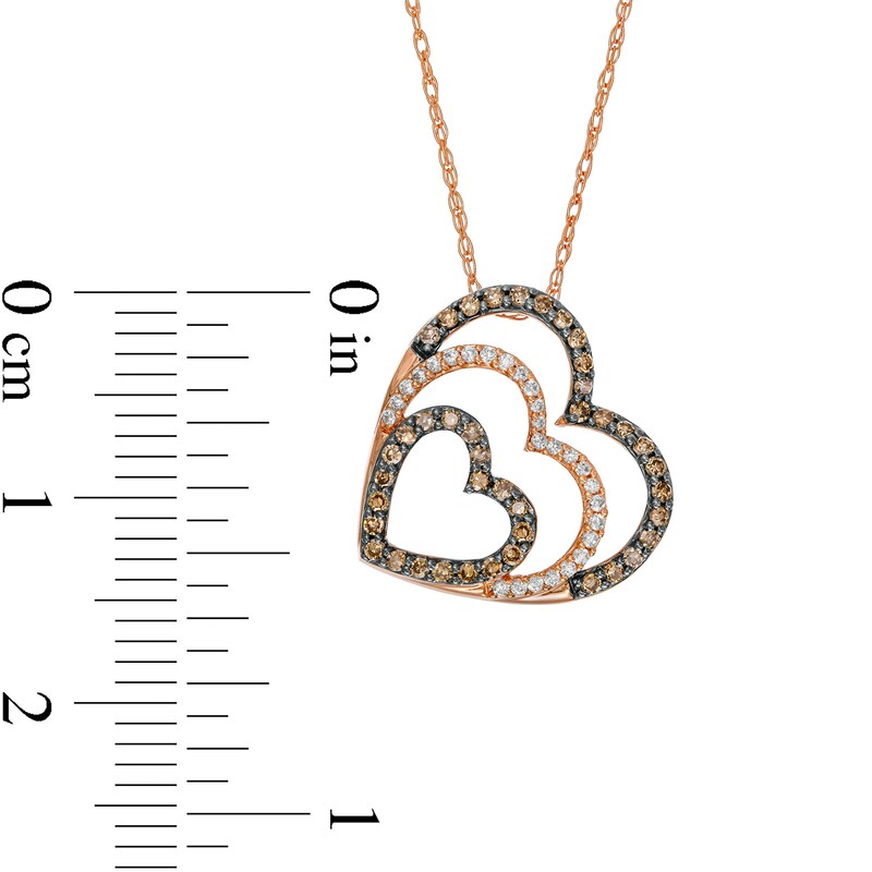Main Image 3 of 1/4 CT. T.W. Champagne and White Diamond Tilted Hearts Pendant in 10K Rose Gold