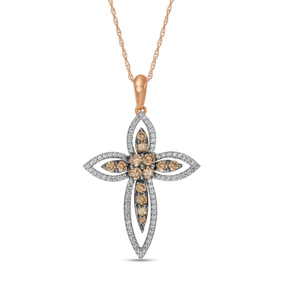 1/2 CT. T.w. Champagne and White Diamond Layered Cross Pendant in 10K Rose Gold