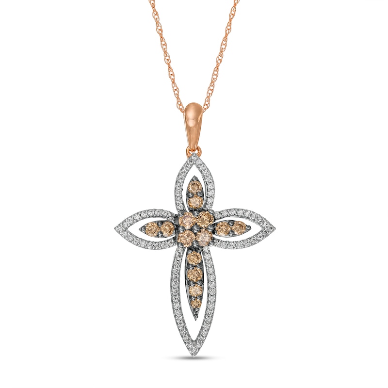 Main Image 1 of 1/2 CT. T.W. Champagne and White Diamond Layered Cross Pendant in 10K Rose Gold
