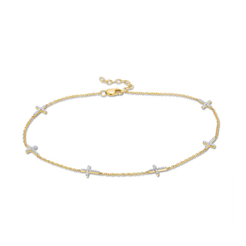 Main Image 1 of 1/5 CT. T.W. Diamond Sideways Cross Station Anklet in 10K Gold - 10"