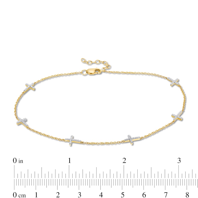 Main Image 4 of 1/5 CT. T.W. Diamond Sideways Cross Station Anklet in 10K Gold - 10"