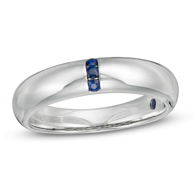 Vera Wang Love Collection Men's Blue Sapphire Linear Three Stone Wedding Band in 14K White Gold
