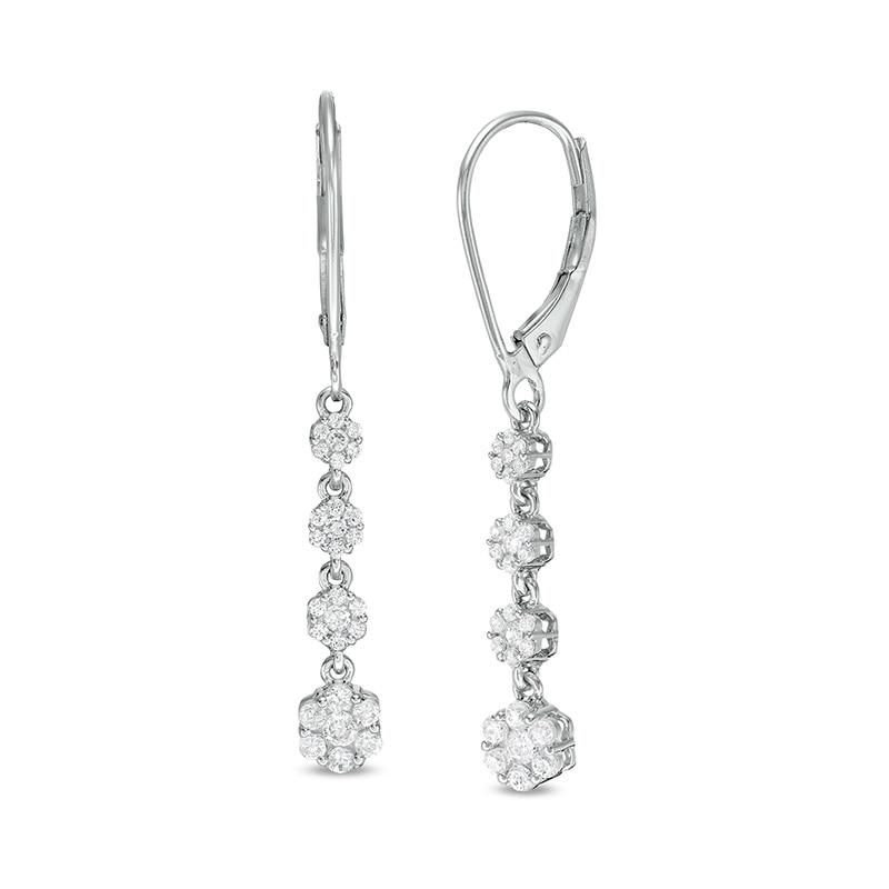 1/2 CT. T.W. Multi-Diamond Graduated Flower Dangle Drop Earrings in 10K White Gold
