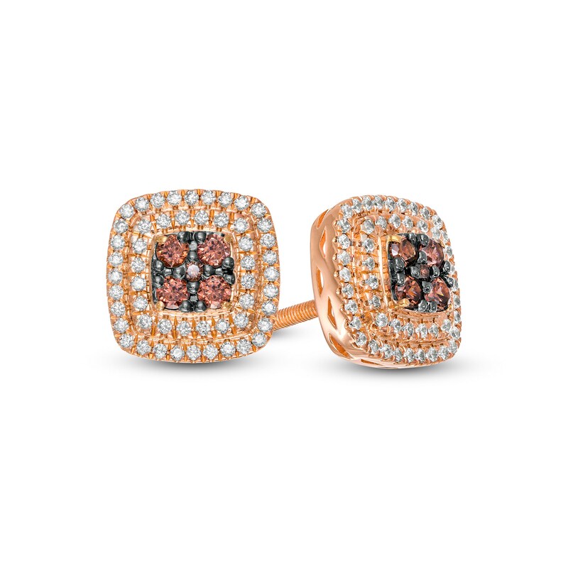 Main Image 1 of 1/2 CT. T.W. Champagne and White Diamond Double Cushion Frame Stud Earrings in 10K Rose Gold