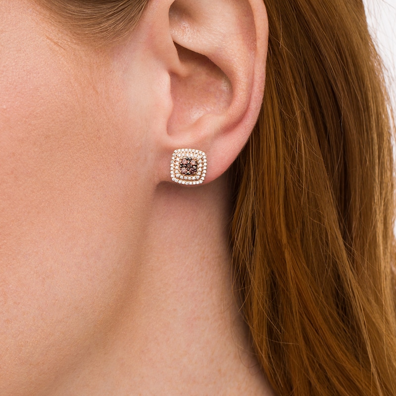 Main Image 2 of 1/2 CT. T.W. Champagne and White Diamond Double Cushion Frame Stud Earrings in 10K Rose Gold