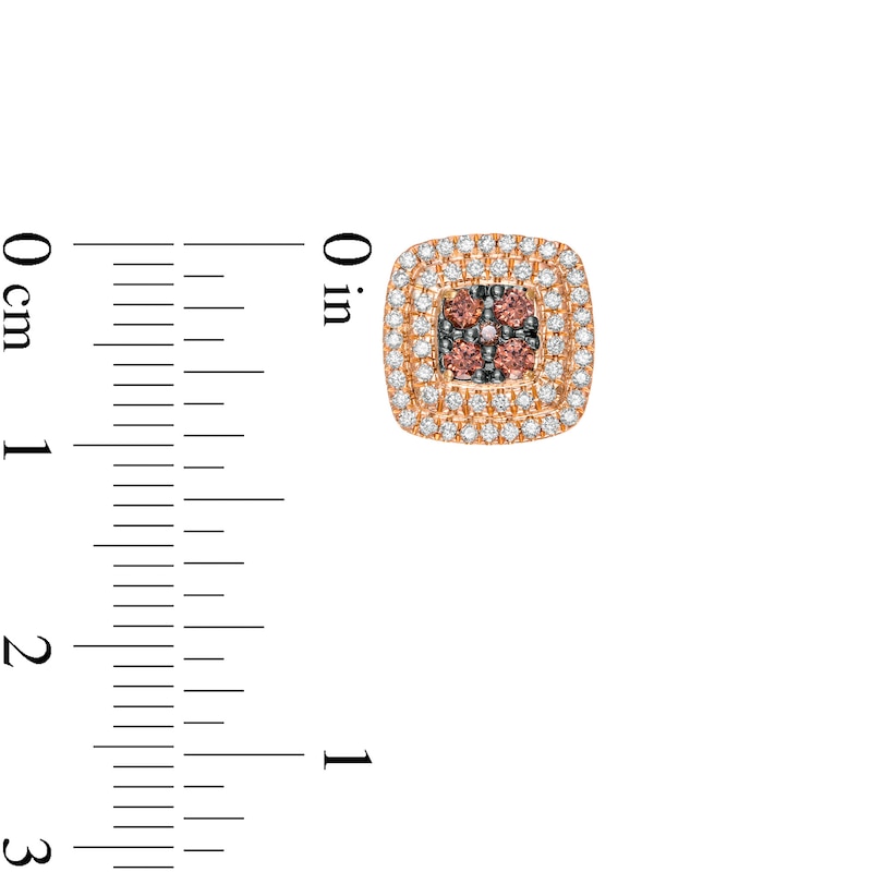 Main Image 3 of 1/2 CT. T.W. Champagne and White Diamond Double Cushion Frame Stud Earrings in 10K Rose Gold