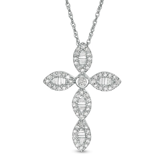 1/3 CT. T.w. Baguette and Round Diamond Cross Pendant in 10K White Gold