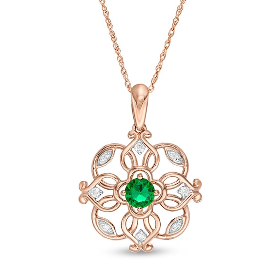 4.0mm Lab-Created Emerald and 1/20 CT. T.W. Diamond Filigree Clover Pendant in 10K Rose Gold