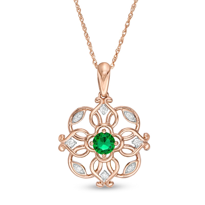 Main Image 1 of 4.0mm Lab-Created Emerald and 1/20 CT. T.W. Diamond Filigree Clover Pendant in 10K Rose Gold