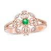 3.0mm Lab-Created Emerald and Diamond Accent Filigree Clover Split Shank Ring in 10K Rose Gold