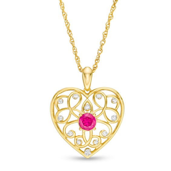 4.0mm Lab-Created Ruby and 1/20 CT. T.W. Diamond Filigree Heart Pendant in 10K Gold 4.0mm Lab-Created Ruby and 1/20 CT. T.W. Diamond Filigree Heart Pendant in 10K Gold