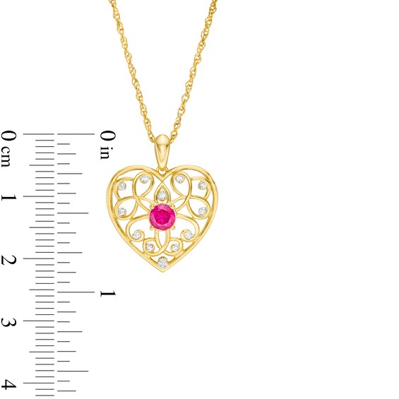 4.0mm Lab-Created Ruby and 1/20 CT. T.W. Diamond Filigree Heart Pendant in 10K Gold 4.0mm Lab-Created Ruby and 1/20 CT. T.W. Diamond Filigree Heart Pendant in 10K Gold