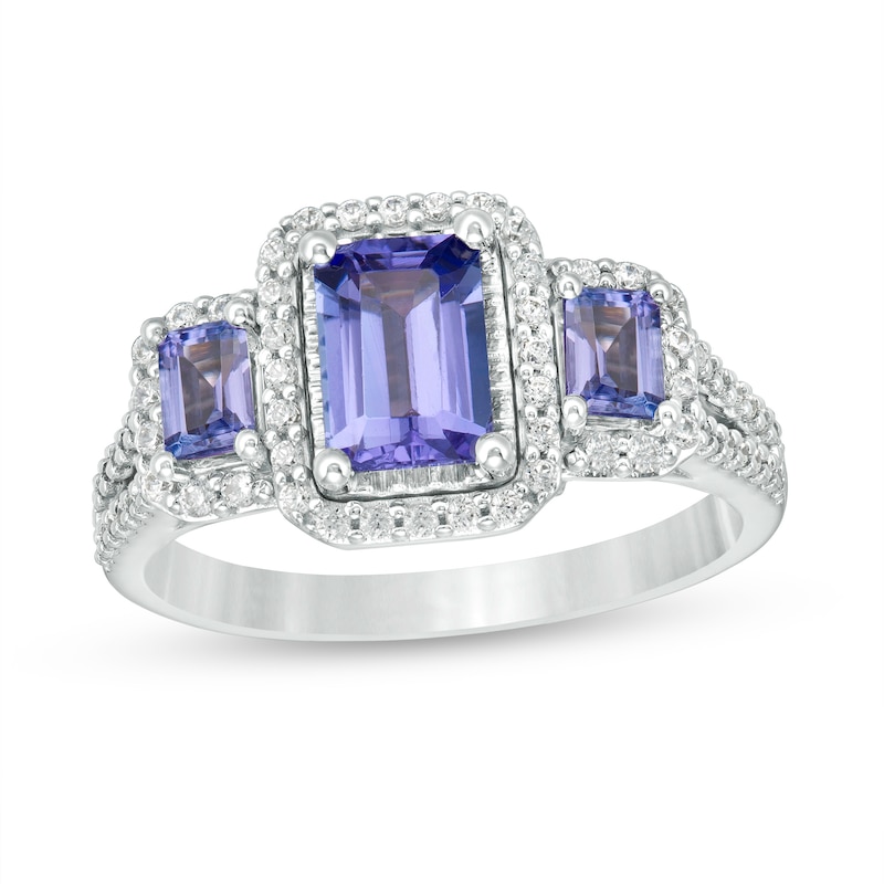 Emerald-Cut Tanzanite and 1/3 CT. T.W. Diamond Frame Three Stone Split Shank Engagement Ring in 14K White Gold