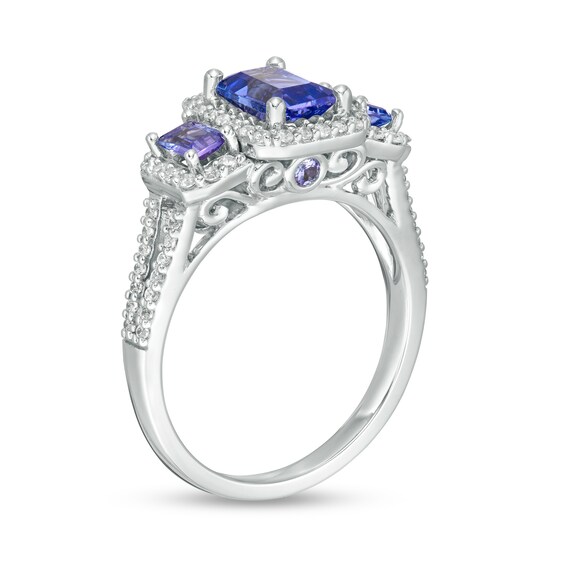 Emerald-Cut Tanzanite and 1/3 CT. T.w. Diamond Frame Three Stone Split Shank Engagement Ring in 14K White Gold